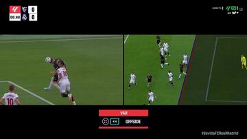 La posición antirreglamentaria de Bellingham en el gol anulado a Valverde en el minuto 4 del Sevilla-Real Madrid de LaLiga EA Sports.
