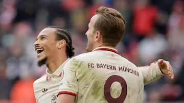 MUNICH (Germany), 29/03/2025.- Leroy Sane of Munich (L) celebrates with Harry Kane after scoring the 3-1 lead during the German Bundesliga soccer match between FC Bayern Munich and FC St. Pauli in Munich, Germany, 29 March 2025. (Alemania) EFE/EPA/RONALD WITTEK CONDITIONS - ATTENTION: The DFL regulations prohibit any use of photographs as image sequences and/or quasi-video.