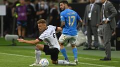 14 June 2022, North Rhine-Westphalia, Mönchengladbach: Soccer: Nations League A, Germany - Italy, Group Stage, Group 3, Matchday 4, Stadion im Borussia-Park, Germany's Joshua Kimmich and Italy's Matteo Politano (r) in action. Photo: Bernd Thissen/dpa (Photo by Bernd Thissen/picture alliance via Getty Images)