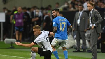 14 June 2022, North Rhine-Westphalia, M?nchengladbach: Soccer: Nations League A, Germany - Italy, Group Stage, Group 3, Matchday 4, Stadion im Borussia-Park, Germany's Joshua Kimmich and Italy's Matteo Politano (r) in action. Photo: Bernd Thissen/dpa (Photo by Bernd Thissen/picture alliance via Getty Images)