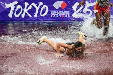 La alemana Gesa Felicitas Krause se cae en la final femenina de 3000 metros obstáculos durante el Campeonato Mundial de Atletismo en Tokio.