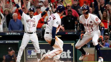 HOUSTON, TX - OCTOBER 29: Alex Bregman #2 of the Houston Astros celebrates after scoring on a double by Jose Altuve #27 (not pictured) during the seventh inning against the Los Angeles Dodgers in game five of the 2017 World Series at Minute Maid Park on October 29, 2017 in Houston, Texas.   Jamie Squire/Getty Images/AFP
 == FOR NEWSPAPERS, INTERNET, TELCOS &amp; TELEVISION USE ONLY ==