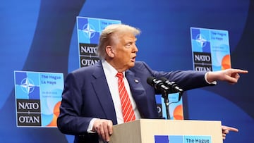 U.S. President Donald Trump speaks during a press conference at the NATO summit in The Hague, Netherlands June 25, 2025. REUTERS/Piroschka Van De Wouw