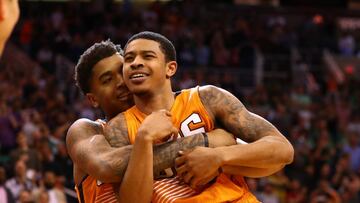 Mar 5, 2017; Phoenix, AZ, USA; Phoenix Suns guard Tyler Ulis (right) is lifted up by teammate Marquese Chriss as they celebrate Ulis buzzerbeater against the Boston Celtics at Talking Stick Resort Arena. The Suns defeated the Celtics 109-106. Mandatory Credit: Mark J. Rebilas-USA TODAY Sports