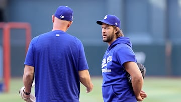 PHOENIX, ARIZONA - OCTOBER 11: Clayton Kershaw #22 of the Los Angeles Dodgers looks on before Game Three of the Division Series against the Arizona Diamondbacks at Chase Field on October 11, 2023 in Phoenix, Arizona.   Elsa/Getty Images/AFP (Photo by ELSA / GETTY IMAGES NORTH AMERICA / Getty Images via AFP)