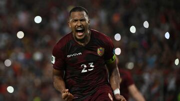 Venezuela's forward Salomon Rondon celebrates scoring his team's first goal during the 2026 FIFA World Cup South American qualifiers football match between Venezuela and Paraguay, at the Monumental stadium in Maturin, Venezuela, on September 12, 2023. (Photo by Yuri CORTEZ / AFP)