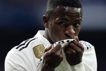 Vinicius Junior kisses his Real Madrid shirt on the final whistle after Saturday's 2-0 win over Valladolid.