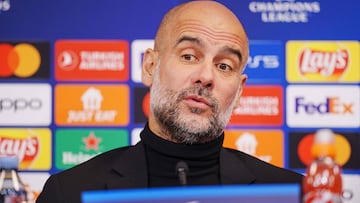 Manchester City's Spanish manager Pep Guardiola addresses a press conference on February 12, 2024, the eve of the UEFA Champions League round of 16 first-leg football match between FC Copenhagen and Manchester City at Parken Stadium in Copenhagen, Denmark. (Photo by Liselotte Sabroe / Ritzau Scanpix / AFP) / Denmark OUT