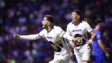 Alan Medina celebrates his goal 2-3 of Pumas during the 17th round match between Cruz Azul and Pumas UNAM as part of the Liga BBVA MX, Torneo Apertura 2025 at Cuauhtemoc Stadium, on November 08, 2025 in Puebla, Mexico.