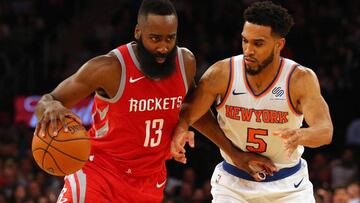 Nov 1, 2017; New York, NY, USA; Houston Rockets point guard James Harden (13) controls the ball against New York Knicks shooting guard Courtney Lee (5) during the second quarter at Madison Square Garden. Mandatory Credit: Brad Penner-USA TODAY Sports