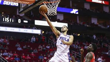 Oct 30, 2017; Houston, TX, USA; Philadelphia 76ers guard Ben Simmons (25) scores a basket during the first quarter against the Houston Rockets at Toyota Center. Mandatory Credit: Troy Taormina-USA TODAY Sports