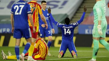 LEICESTER, ENGLAND - APRIL 22: Kelechi Iheanacho of Leicester City celebrates after scoring their team&#039;s third goal during the Premier League match between Leicester City and West Bromwich Albion at The King Power Stadium on April 22, 2021 in Leicest