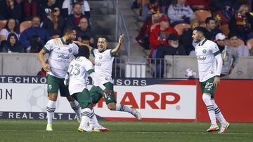 Nov 3, 2021; Sandy, Utah, USA; Portland Timbers midfielder Sebastian Blanco (10) celebrates a first half goal against the Real Salt Lake at Rio Tinto Stadium. Mandatory Credit: Jeffrey Swinger-USA TODAY Sports