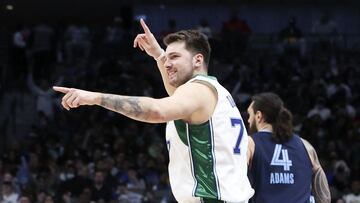 Jan 23, 2022; Dallas, Texas, USA; Dallas Mavericks guard Luka Doncic (77) reacts during the game against the Memphis Grizzlies at American Airlines Center. Mandatory Credit: Kevin Jairaj-USA TODAY Sports