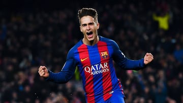 Denis Suarez of FC Barcelona celebrates after scoring his team's first goal during the Copa del Rey quarter-final second leg match between FC Barcelona and Real Sociedad