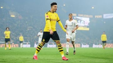 DORTMUND, GERMANY - FEBRUARY 14: Jadon Sancho of Dortmund reacts during the Bundesliga match between Borussia Dortmund and Eintracht Frankfurt at Signal Iduna Park on February 14, 2020 in Dortmund, Germany. (Photo by J&Atilde;&para;rg Sch&Atilde;&frac14;l