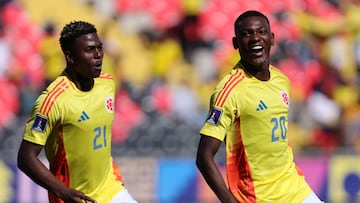 TALCA, CHILE - OCTOBER 08: Joel Canchimbo of Colombia celebrates scoring his team's first goal during the FIFA U-20 World Cup Chile 2025 Round of 16 match between Colombia and South Africa at Estadio Fiscal on October 08, 2025 in Talca, Chile. (Photo by Ricardo Moreira - FIFA/FIFA via Getty Images)