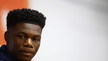 France's midfielder #08 Aurelien Tchouameni looks down during a press conference at the Johan Cruijff stadium, in Amsterdam on October 12, 2023 on the eve of their UEFA Euro 2024 group B qualification football match against Netherlands. (Photo by Kenzo TRIBOUILLARD / AFP)