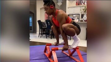 Simone Biles entrena en casa por cuarentena y lo comparte