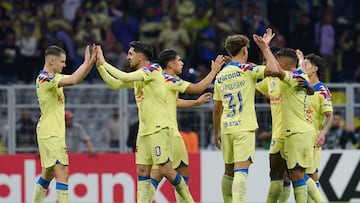   Alvaro Fidalgo, Diego Valdes, Igor lichnovsky, Jonathan Dos Santos of America during the round of 16 second leg match between America and Guadalajara - Round of 16as part of the CONCACAF Champions Cup 2024, at Azteca Stadium on March 13, 2024 in Mexico City, Mexico.