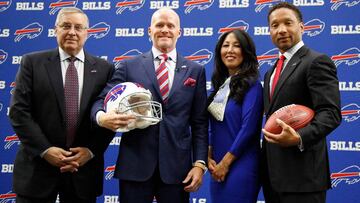 Jan 13, 2017; Orchard Park, NY, USA; Buffalo Bills owner Terry Pegula (left), head coach Sean McDermott, owner Kim Pegula and general manager Doug Whaley (with football) after a press conference at AdPro Sports Training Center. Mandatory Credit: Kevin Hoffman-USA TODAY Sports