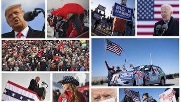 (COMBO) Esta combinaci&oacute;n de im&aacute;genes creadas el 31 de octubre de 2020 muestra al presidente estadounidense Donald Trump y al candidato presidencial dem&oacute;crata estadounidense Joe Biden durante eventos de campa&ntilde;a en Wisconsin y Pensilvania y Delaware e Iowa, respectivamente, el 30 de octubre y 31, 2020.