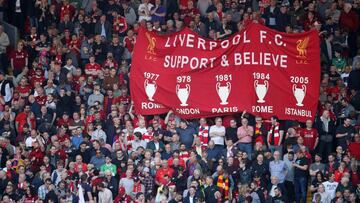 Soccer Football - Premier League - Liverpool v Wolverhampton Wanderers - Anfield, Liverpool, Britain - May 12, 2019  Liverpool fans display a banner after the match  Action Images via Reuters/Carl Recine  EDITORIAL USE ONLY. No use with unauthorized audio