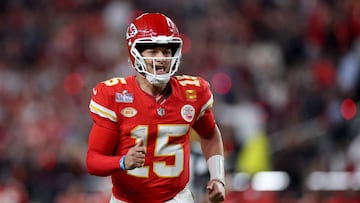 LAS VEGAS, NEVADA - FEBRUARY 11: Patrick Mahomes #15 of the Kansas City Chiefs reacts after throwing a pass for a touchdown in the third quarter against the San Francisco 49ers during Super Bowl LVIII at Allegiant Stadium on February 11, 2024 in Las Vegas, Nevada.   Ezra Shaw/Getty Images/AFP (Photo by EZRA SHAW / GETTY IMAGES NORTH AMERICA / Getty Images via AFP)