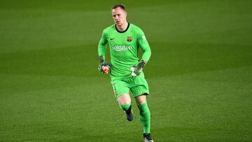BARCELONA, SPAIN - MARCH 15: Marc-Andre ter Stegen of FC Barcelona looks on prior to the La Liga Santander match between FC Barcelona and SD Huesca at Camp Nou on March 15, 2021 in Barcelona, Spain. Sporting stadiums around Spain remain under strict restr