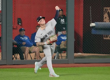 Oct 10, 2024; Kansas City, Missouri, USA; New York Yankees outfielder Alex Verdugo (24) throws a fly ball back to the infield during the fifth inning against the Kansas City Royals during game four of the ALDS for the 2024 MLB Playoffs at Kauffman Stadium. Mandatory Credit: Denny Medley-Imagn Images