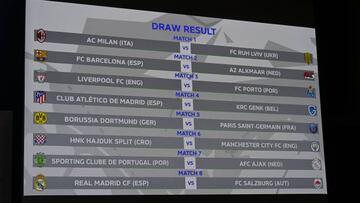 NYON, SWITZERLAND - FEBRUARY 13: A view of the draw results as shown on the big screen following the UEFA Youth League 2022/23 Knock-out Stage Draw, at the UEFA Headquarters, The House of the European Football, on Febuary 13th, 2023 in Nyon, Switzerland. (Photo by Kristian Skeie - UEFA/UEFA via Getty Images)