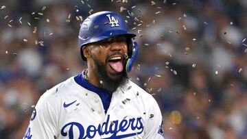 Sep 30, 2025; Los Angeles, California, USA; Los Angeles Dodgers right fielder Teoscar Hernandez (37) celebrates after hitting a three run home run during the third inning against the Cincinnati Reds during game one of the Wildcard round for the 2025 MLB playoffs at Dodger Stadium. Mandatory Credit: Jayne Kamin-Oncea-Imagn Images TPX IMAGES OF THE DAY