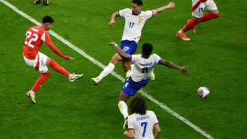 TOPSHOT - Chile's forward #22 Dario Osorio shoots the ball and scores his team's second goal during the friendly football match between France and Chile