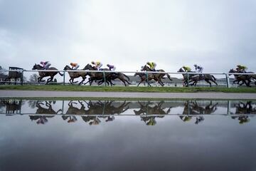 Caballos y jinetes se reflejan en un charco de agua de lluvia a su paso por la tribuna durante el Betway Casino Handicap en Lingfield Park, Inglaterra. Las instalaciones del hipódromo sólo están abiertas para los propietarios de los caballos, ya que todas las carreras se celebran a puerta cerrada a causa de la pandemia de COVID-19.