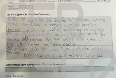 La hoja de reclamaciones de un socio del Sevilla por la Copa