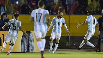 (FILES) This file photo taken on October 10, 2017 shows Argentina&#039;s Lionel Messi (2-R) celebrating after scoring against Ecuador during their 2018 World Cup qualifier football match in Quito.
 Argentine Football Association president Claudio Tapia admits that &quot;Manuel the Warlock&quot; deserves part of the credit for Argentina&#039;s victory against Ecuador and the team&#039;s qualification to the 2018 World Cup.   / AFP PHOTO / Rodrigo BUENDIA