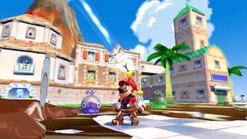 Mario limpiando la suciedad en Super Mario Sunshine de GameCube.
