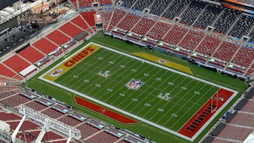 TAMPA, FLORIDA - JANUARY 31: An aerial view of Raymond James Stadium ahead of Super Bowl LV on January 31, 2021 in Tampa, Florida.   Mike Ehrmann/Getty Images/AFP
 == FOR NEWSPAPERS, INTERNET, TELCOS &amp; TELEVISION USE ONLY ==