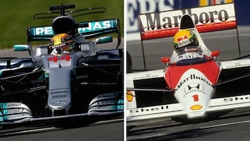 Lewis Hamilton con el Mercedes y Aryton Senna con el McLaren.