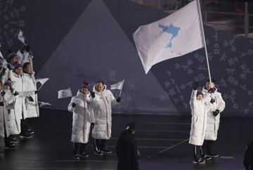 Pyeongchang 2018 Winter Olympics – Opening ceremony – Pyeongchang Olympic Stadium - Pyeongchang, South Korea – February 9, 2018 - Hwang Chung Gum and Won Yunjong of Korea carry the national flag in the opening ceremony. REUTERS/Sean M. Haffey