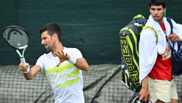 Carlos Alcaraz mira c¨®mo Novak Djokovic se entrena en Wimbledon.