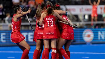 Chile's Denise Krimerman Losada reacts after scoring during the Women's FIH World Cup field hockey match between Germany and Chile at Wagener Stadium, in Amsterdam on July 2, 2022. (Photo by Sander Koning / ANP / AFP) / Netherlands OUT