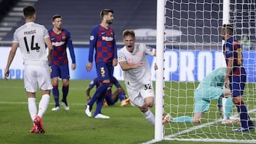 LISBON, PORTUGAL - AUGUST 14: Joshua Kimmich of FC Bayern Munich celebrates after scoring his team&#039;s fifth goal during the UEFA Champions League Quarter Final match between Barcelona and Bayern Munich at Estadio do Sport Lisboa e Benfica on August 14