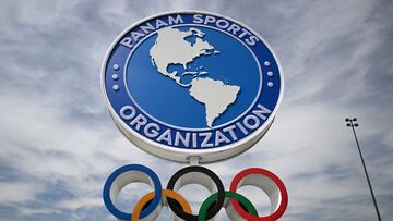 Picture of the Olympic Rings and the logo of Panam Sports taken at the National Stadium Sports Park in Santiago on October 19, 2023, ahead of the Pan American Games Santiago 2023. The Pan-American Games will run from October 20 to November 5. (Photo by Raul ARBOLEDA / AFP)