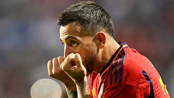 Spain's forward Joselu celebrates scoring his team's second goal during the UEFA Nations League semi final football match between Spain and Italy at the De Grolsch Veste Stadium in Enschede on June 15, 2023. Spain's Joselu pounced with two minutes remaining to snatch a 2-1 win over Italy on Thursday and set up a Nations League final against Croatia. (Photo by JOHN THYS / AFP)
