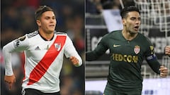 Juan Fernando Quintero durante la final de la Copa Libertadores con River Plate y Falcao Garc&iacute;a en un juego del M&oacute;naco por Ligue 1 de Francia