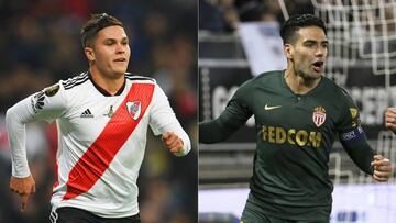 Juan Fernando Quintero durante la final de la Copa Libertadores con River Plate y Falcao García en un juego del Mónaco por Ligue 1 de Francia
