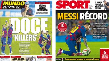 Portadas de Mundo Deportivo y Sport del 8 de octubre de 2019 con Víctor Valdés, Leo Messi y David Gallego como protagonistas.