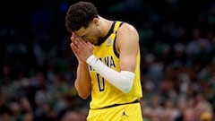 BOSTON, MASSACHUSETTS - MAY 21: Tyrese Haliburton #0 of the Indiana Pacers reacts during the fourth quarter against the Boston Celtics in Game One of the Eastern Conference Finals at TD Garden on May 21, 2024 in Boston, Massachusetts. NOTE TO USER: User expressly acknowledges and agrees that, by downloading and or using this photograph, User is consenting to the terms and conditions of the Getty Images License Agreement.   Maddie Meyer/Getty Images/AFP (Photo by Maddie Meyer / GETTY IMAGES NORTH AMERICA / Getty Images via AFP)