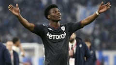 MARSEILLE, FRANCE - MARCH 6: Aurelien Tchouameni of Monaco celebrates the victory with the supporters following the Ligue 1 Uber Eats match between Olympique de Marseille (OM) and AS Monaco (ASM) at Stade Velodrome on March 6, 2022 in Marseille, France. (